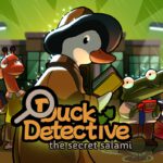 Cover art voor Duck Detective: The Secret Salami. Hoofdpersonage Eugene McQuacklin staat in de regen voor andere personages uit de game.