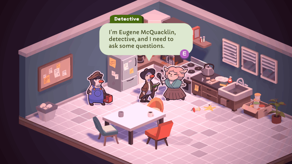 Tijdens zijn onderzoek stelt Eugene McQuacklin zichzelf voor. Een screenshot uit Duck Detective: The Secret Salami.