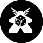Het logo van het Spellenmaakgilde. Een gevleugelde meeple met een dobbelsteen voor een zwarte achtergrond.