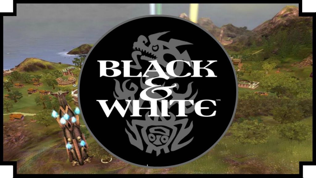 Het logo van Black & White, met een screenshot van de game in de achtergrond