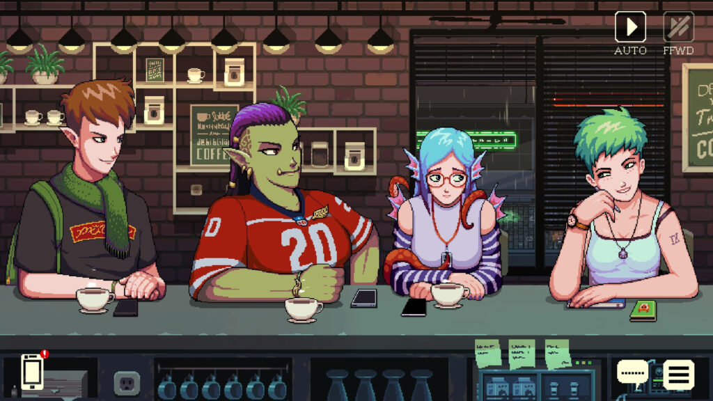 Baileys, Myrtle, Aqua en Freya zijn lekker met elkaar in gesprek. Een screenshot uit Coffee Talk.