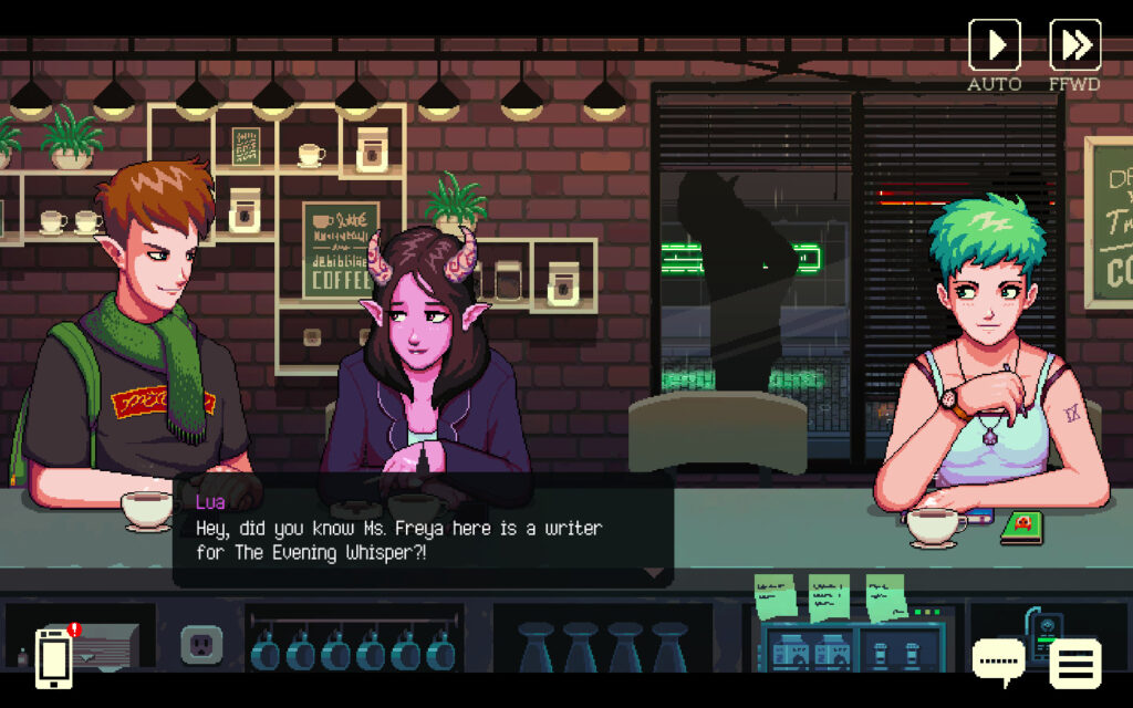 Baileys, Lua en Freya gaan met elkaar in gesprek. Een screenshot uit Coffee Talk.