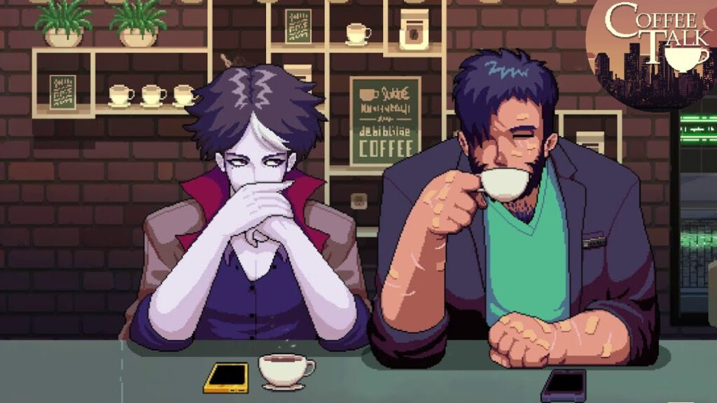 Hyde en Gala drinken samen een bakje koffie. Een screenshot uit Coffee Talk.