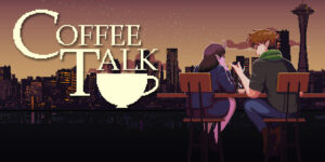 De header van Coffee Talk. Baileys en Lua drinken samen een warme drank met uitzicht op Seattle.