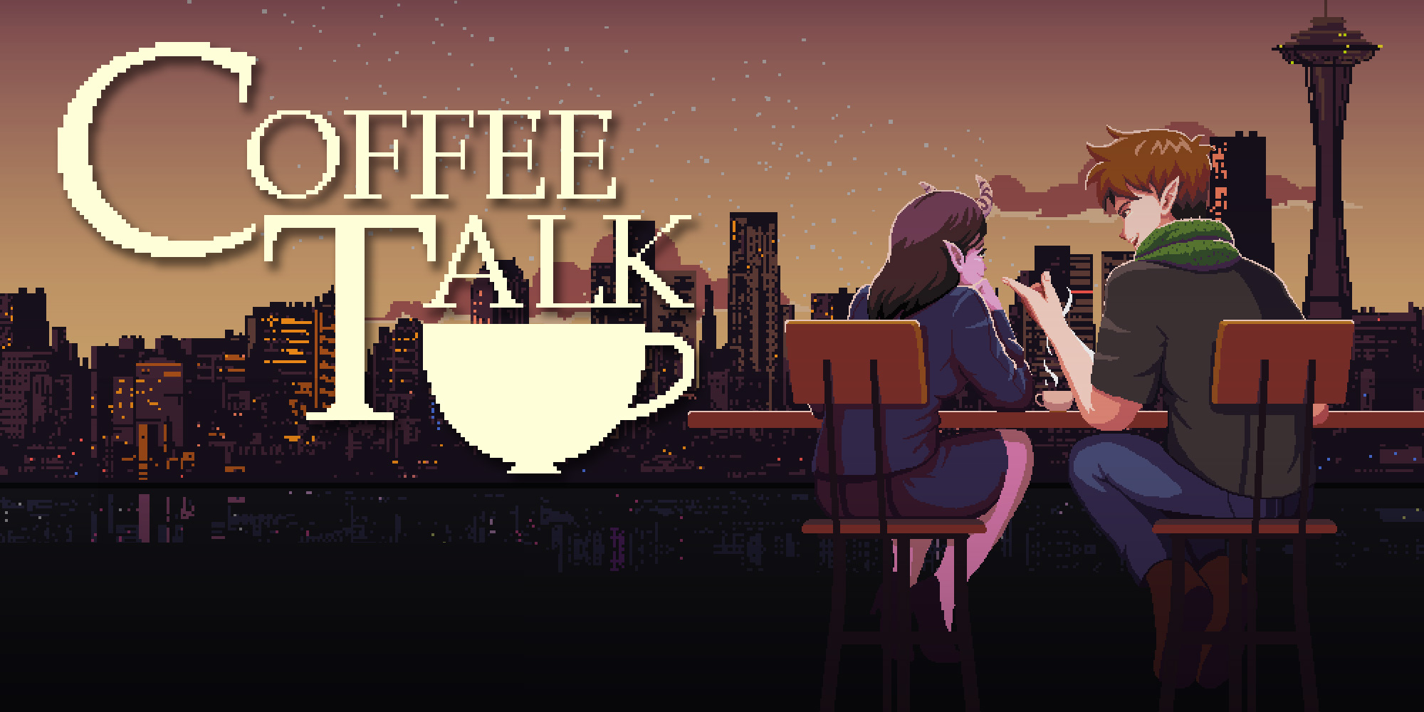 De header van Coffee Talk. Baileys en Lua drinken samen een warme drank met uitzicht op Seattle.
