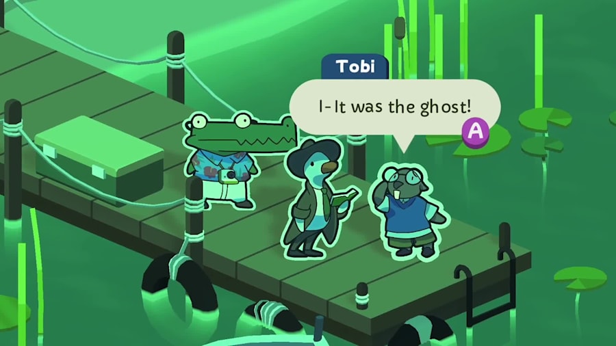 Tobi zag iets dat hij niet kan verklaren, een spook! Een screenshot uit Duck Detective: Ghost of Glamping.