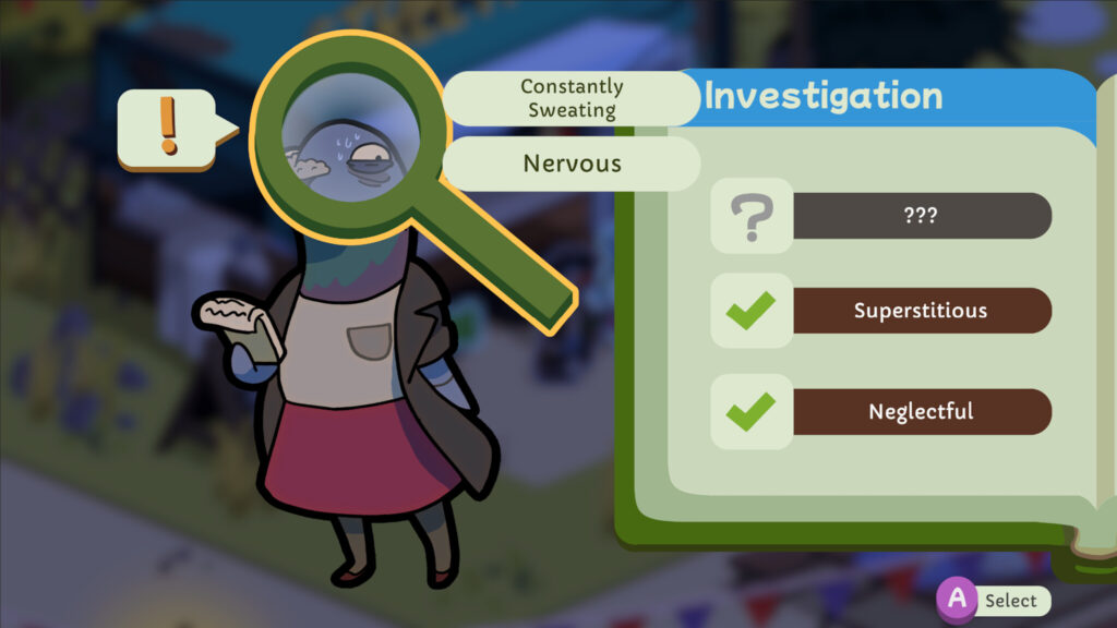 Eugene onderzoekt de kampmanager op verdachte trekjes. Een screenshot uit Duck Detective: Ghost of Glamping.