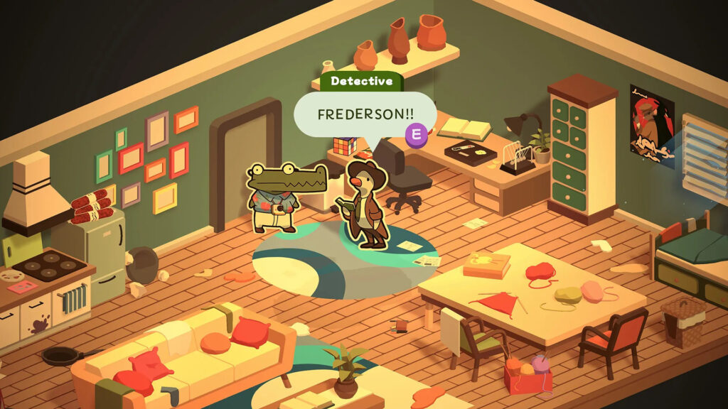 Eugene is niet zo blij met zijn huisgenoot Frederick Frederson. Een screenshot uit Duckl Detective: Ghost of Glamping.