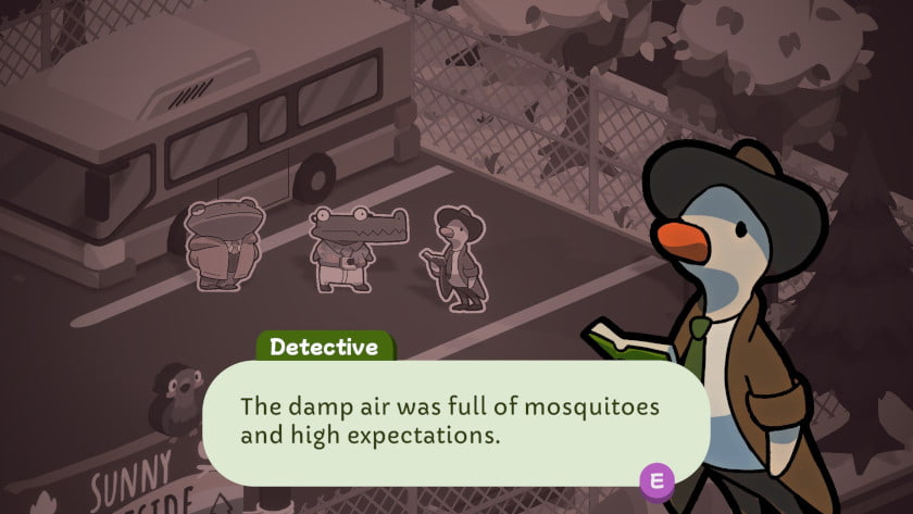 Narratie rechtstreeks uit de jaren '40 en '50. Een screenshot uit Duck Detective: Ghost of Glamping.