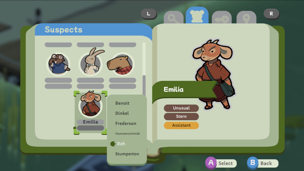 Een lijst met verdachten, waarvoor jij moet uitzoeken hoe ze allemaal heten. Een screenshot uit Duck Detective: Ghost of Glamping.