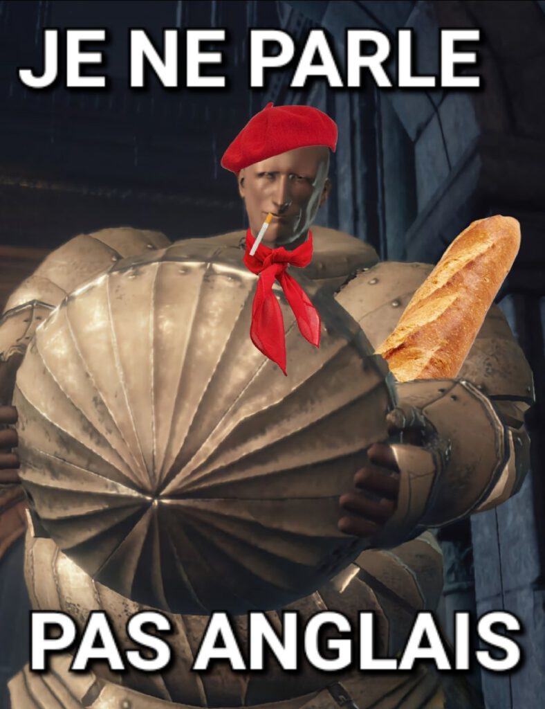 Een vreemde meme van Patches uit Dark Souls in het Onion Knight harnas, met een baguette en een beret, claimend dat hij geen Engels spreekt