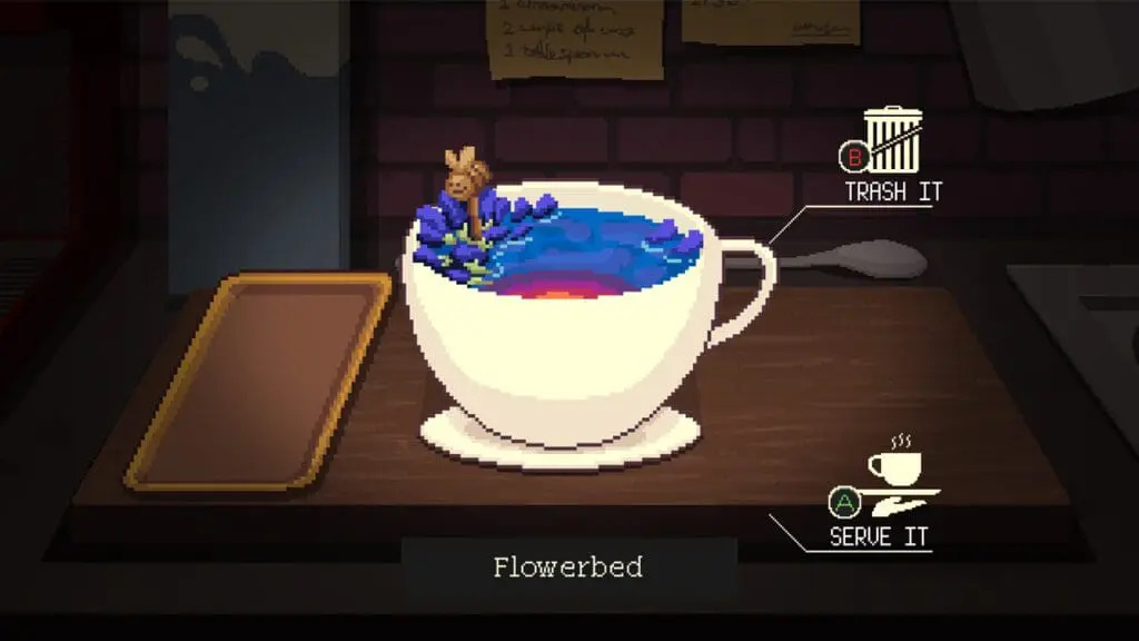 Deze flowerbed tea is klaar om te serveren. Een screenshot uit Coffee Talk 2.