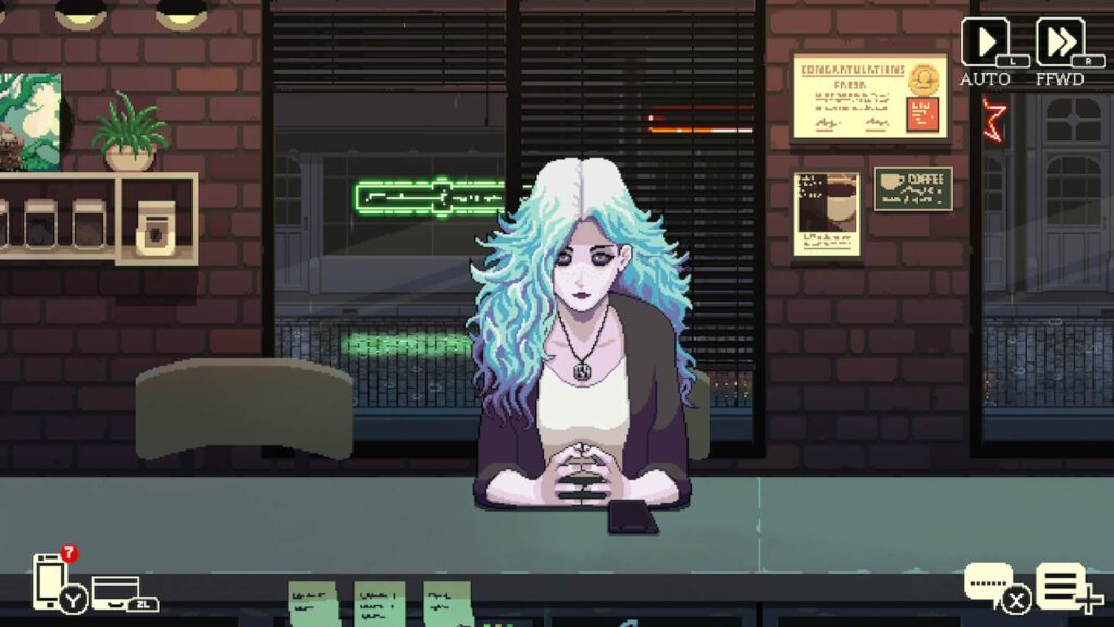 Riona is klaar om een drankje te bestellen. Een screenshot uit Coffee Talk 2.