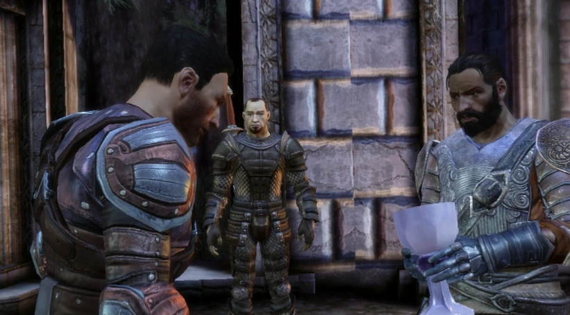 Om een Grey Warden te worden, moet je een gevaarlijke drank gemaakt met Darkspawnbloed drinken. Een screenshot uit Dragon Age Origins.