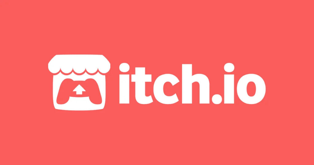 Het logo van Itch.io. Een controller onder een afdakje van wat een winkelruit lijkt, met de naam ernaast.