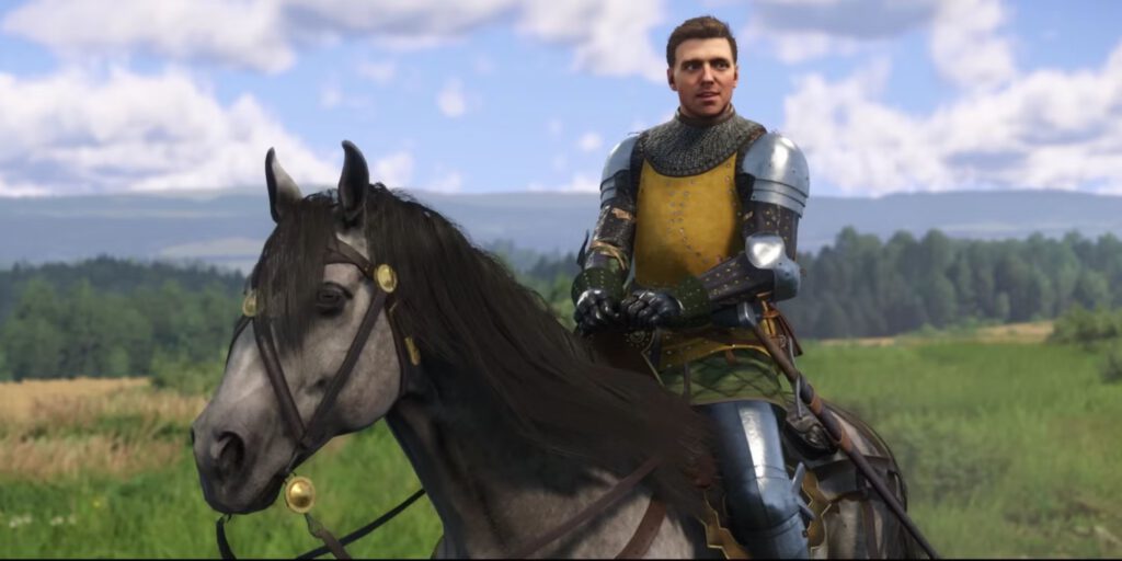 Henry zit op zijn oude en vertrouwde paard, Pebbles. Een screenshot uit Kingdom Come: Deliverance 2.