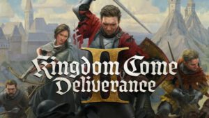 De box art van Kingdom Come: Deliverance 2. Achter de titel staan Henry, Hans, Katherine en Jan klaar voor een gevecht.
