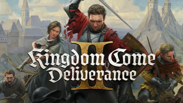 De box art van Kingdom Come: Deliverance 2. Achter de titel staan Henry, Hans, Katherine en Jan klaar voor een gevecht.