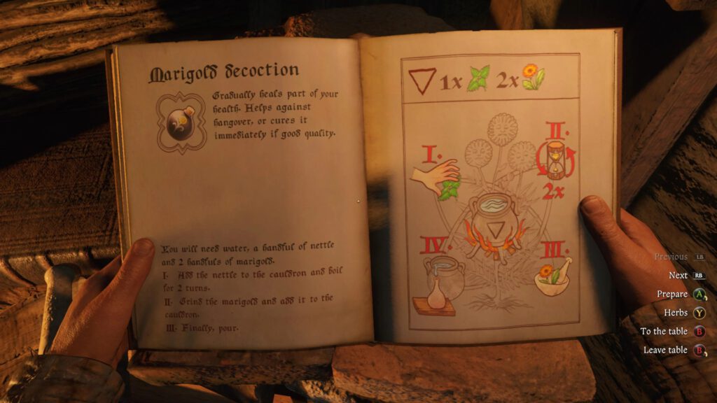Henry leest instructies om een Merigold Concotion te brouwen. Een screenshot uit Kingdom Come: Deliverance 2.