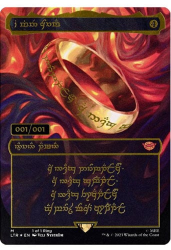 De unieke One Ring waar de hele Magicgemeenschap wild voor werd. Van deze speciale editie is er maar één. De tekst is volledig in Sindarin.