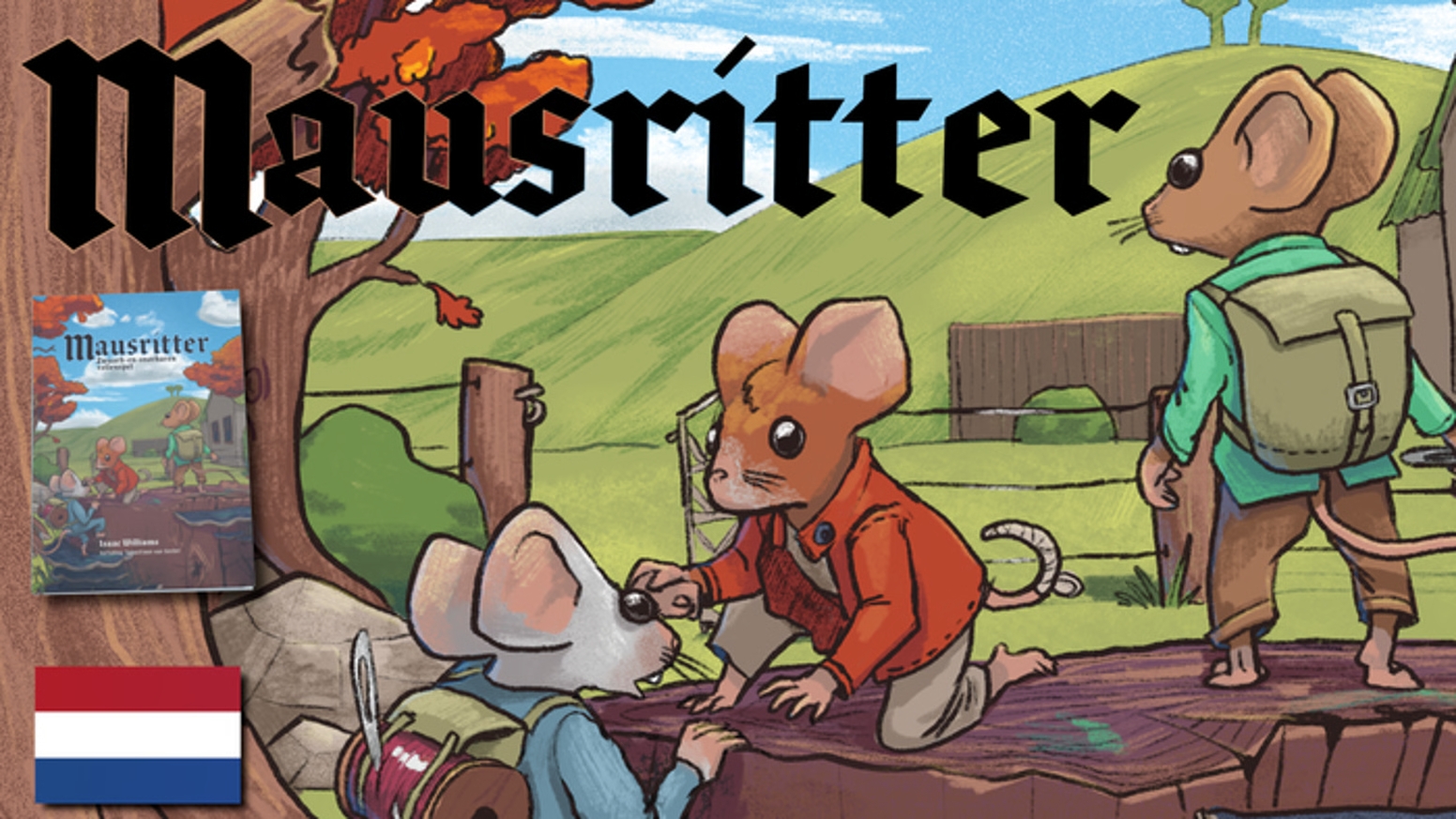 Cover art voor Mausritter, een RPG over muizen. Twee muizen helpen elkaar tijdens een avontuur.