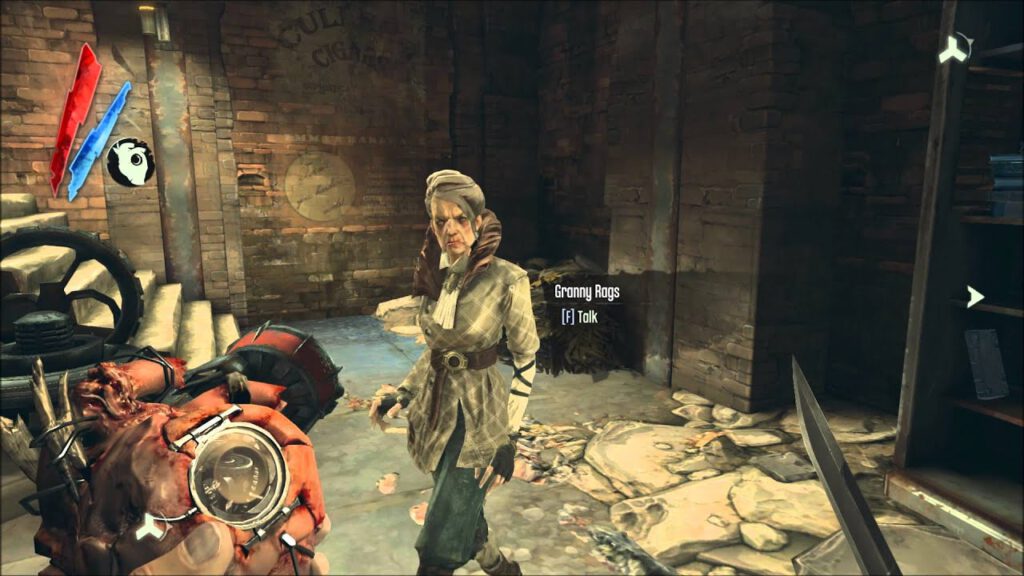 Corco onderzoekt een oude vrouw met het hart om geheimen te leren. Een screenshot uit Dishonored.