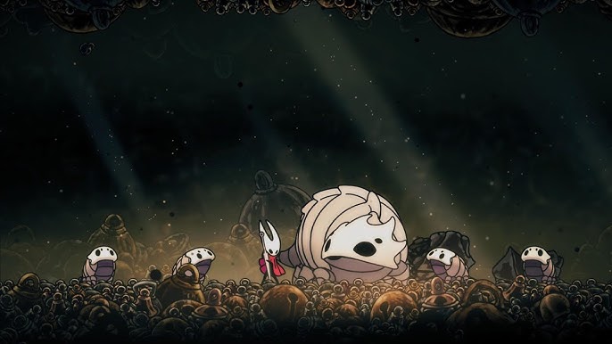 De Bell Beast en Beastlings zingen vrolijk mee terwijl Hornet op haar naaldluit speelt. Een screenshot uit Hollow Knight: Silksong.