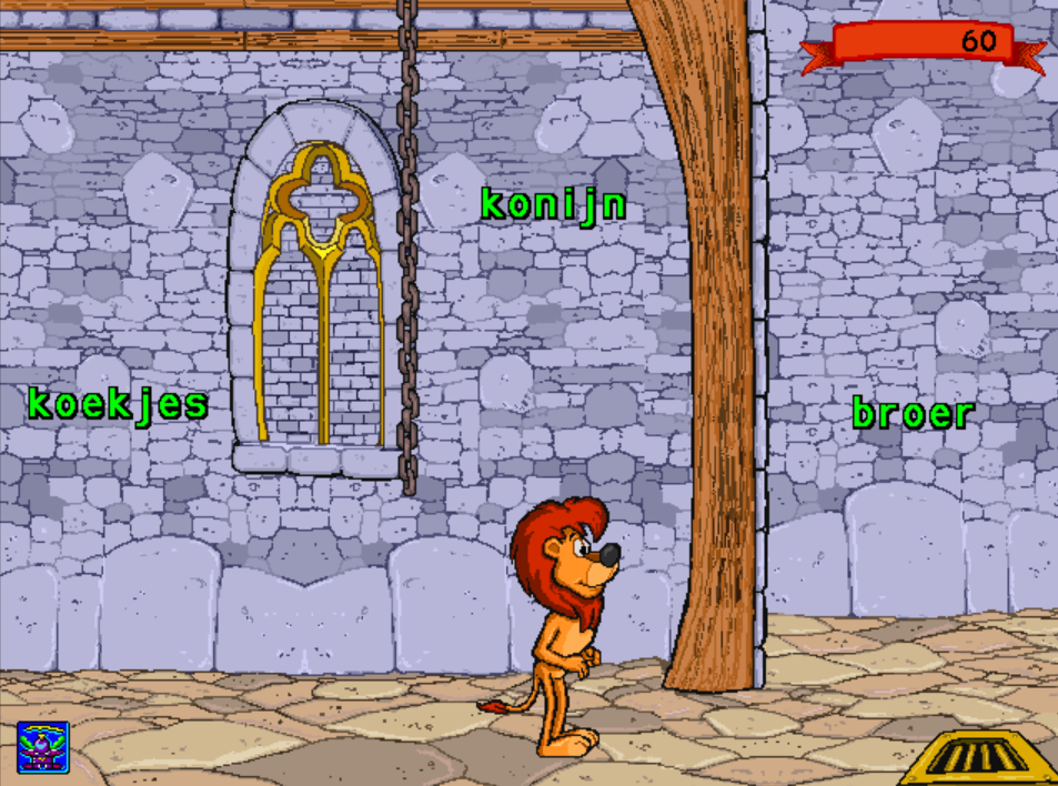 Sam de Leeuw staat in een kasteel. Een screenshot uit Robbie konijn Groep 4.