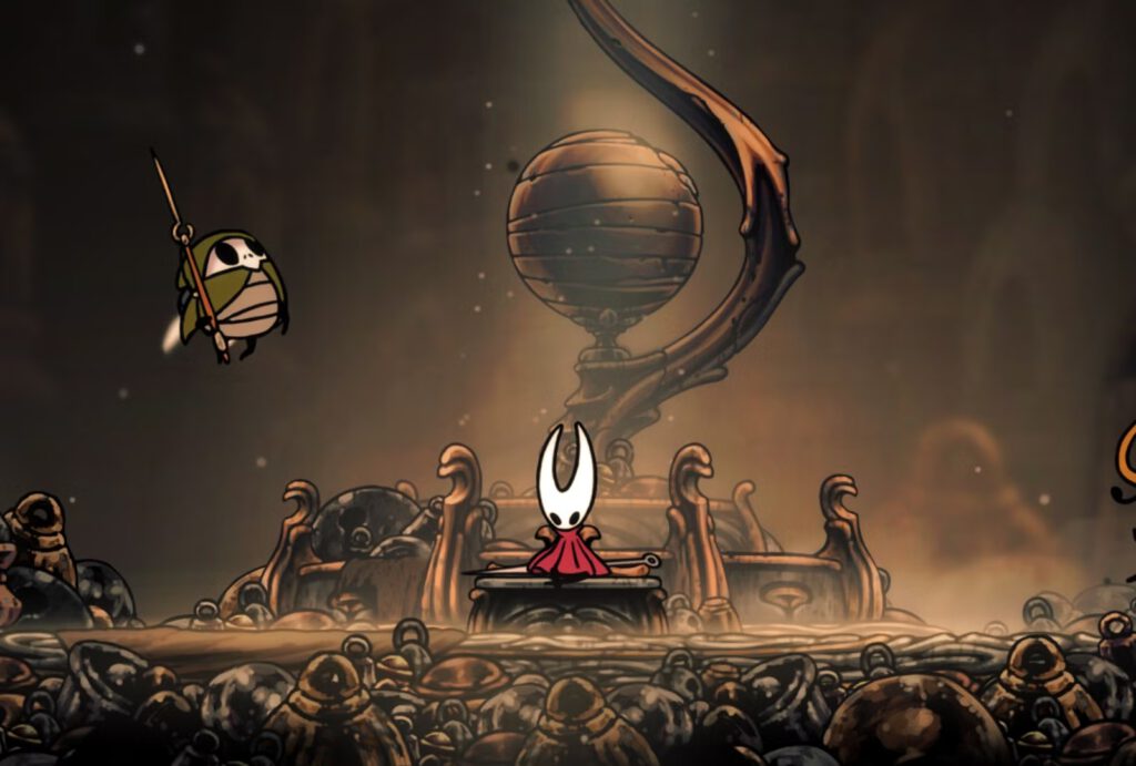 Hornet zit op de bank in Bellhart. Een screenshot uit Hollow Knight: Silksong.
