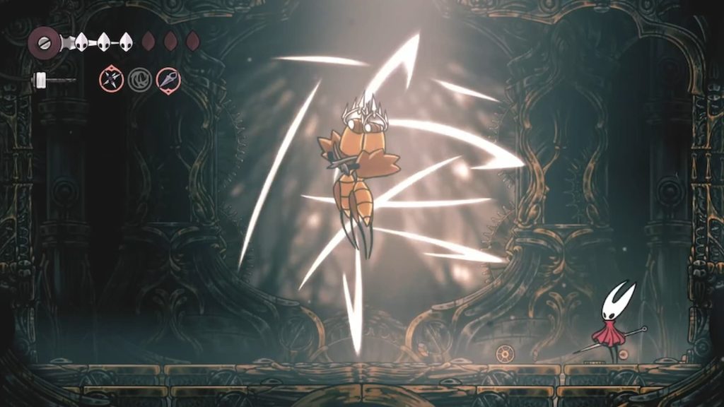 De Cogwork Dancers dansen samen een gevaarlijke ballet die Hornet moet vermijden. Een screenshot uit Hollow Knight: Silksong.