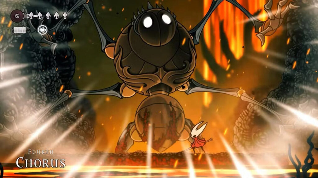 Hornet neemt het op tegen de Fourth Chorus. Een screenshot uit Hollow Knight: Silksong.