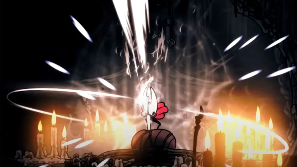 Hornet heeft de Wanderer Crest gevonden en bindt die aan haar eigen krachten. Een screenshot uit Hollow Knight: Silksong.