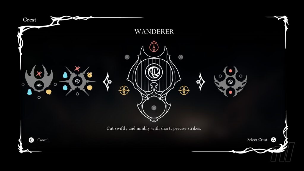 Het crest selectiescherm van Hollow Knight: Silksong. De Wanderer is voor nu geselecteerd.