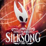 Boxart voor Hollow Knight: Silksong. Hoofdpersonage Hornet staat klaar, met naald in hand terwijl zijde om haar heen zwervelt.