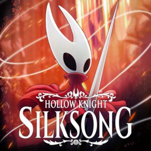 Boxart voor Hollow Knight: Silksong. Hoofdpersonage Hornet staat klaar, met naald in hand terwijl zijde om haar heen zwervelt.