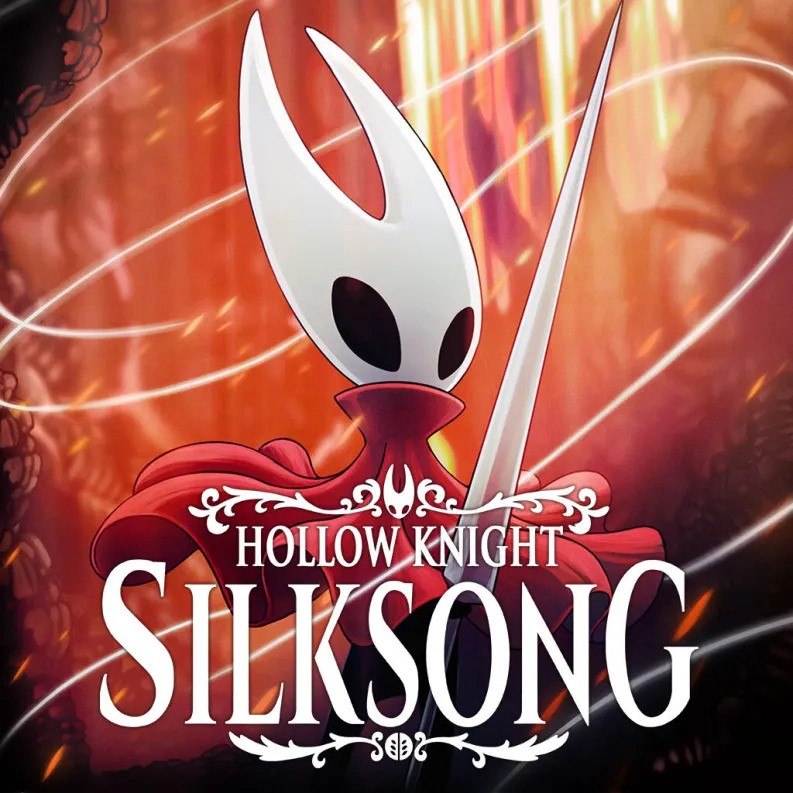 Boxart voor Hollow Knight: Silksong. Hoofdpersonage Hornet staat klaar, met naald in hand terwijl zijde om haar heen zwervelt.