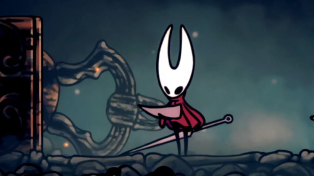 Hornet neemt een kijkje naar de kaart om te bepalen waar ze nu heen wil. Een screenshot uit Hollow Knight: Silksong.