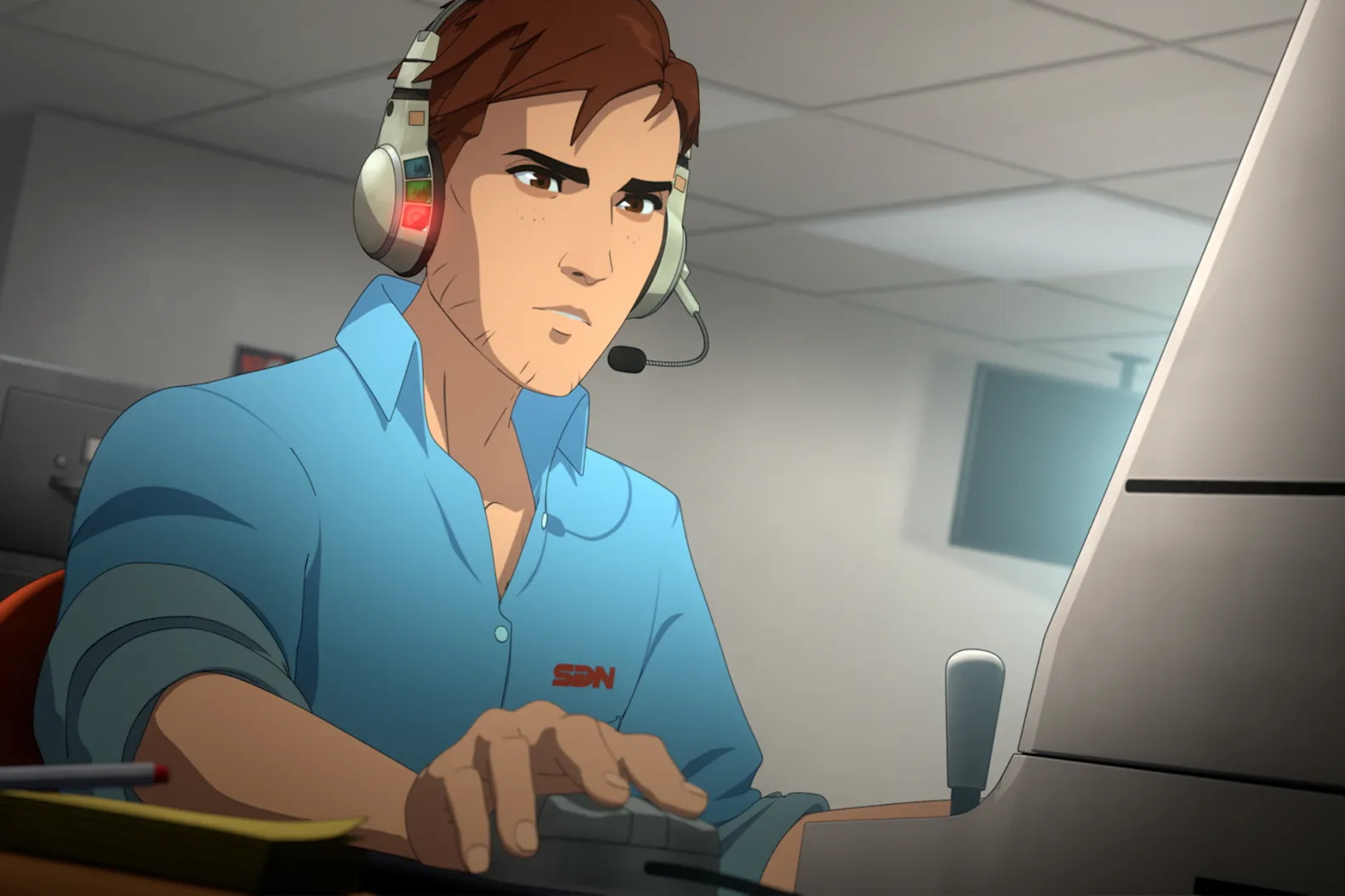 Robert zit achter zijn bureau, klaar om helden te hulp te schieten. Een screenshot uit Dispatch.