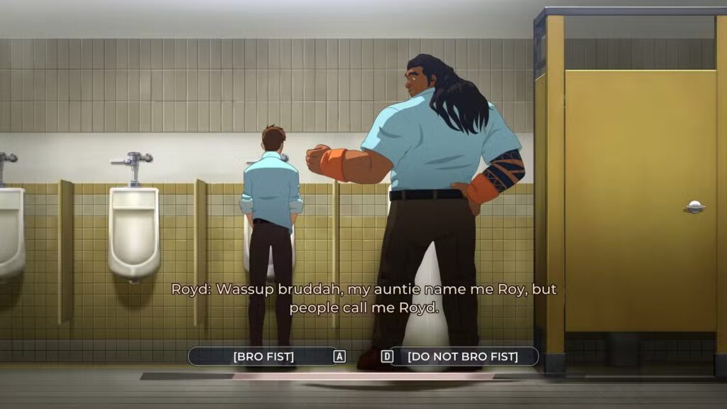 Royd breekt de bro code op een verrassend vriendelijke manier. Een screenshot uit Dispatch.