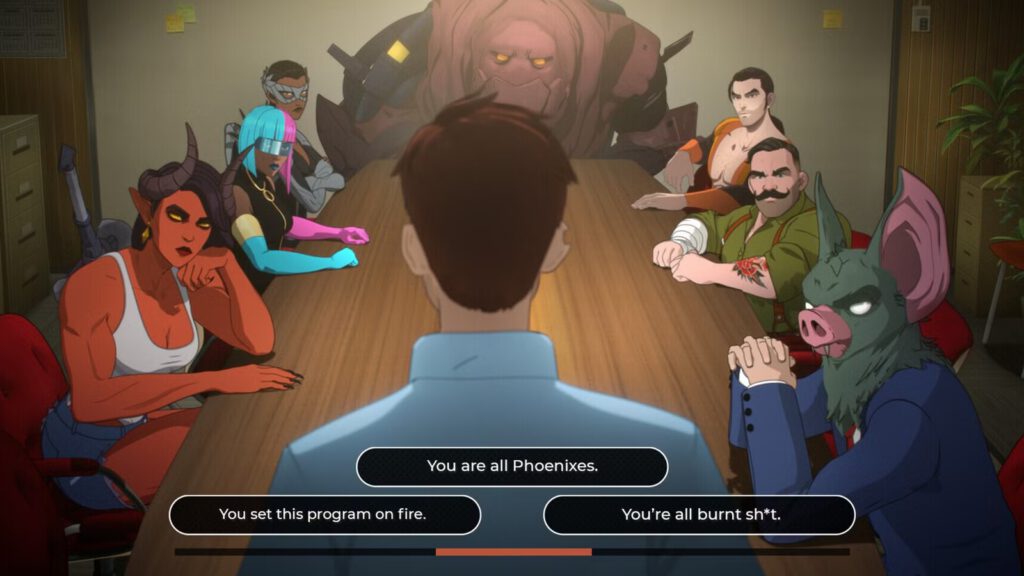 Robert inspireert het Z-team om betere helden te worden. Een screenshot uit Dispatch.