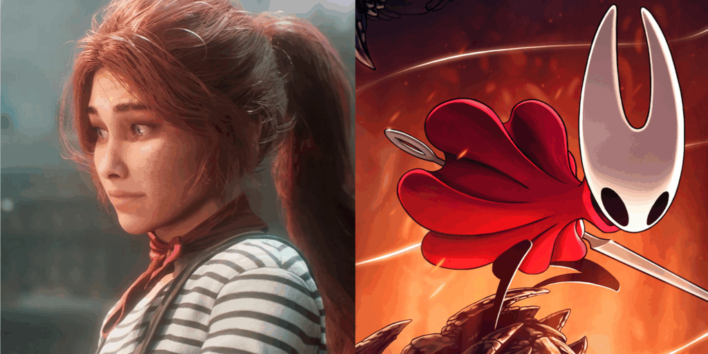 Maelle van Clair Obscur staat links en Hornet van Silksong staat rechts. Deze twee titanen vechten over de GOTY 2025.