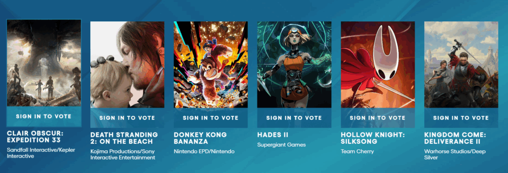 De zes genomineerde games voor GOTY 2025. Van links naar rechts zijn het Clair Obscur, Death Stranding 2, Donkey Kong Bananza, Hades 2, Hollowknight: Silksong en Kongdom Come: Deliverance 2.