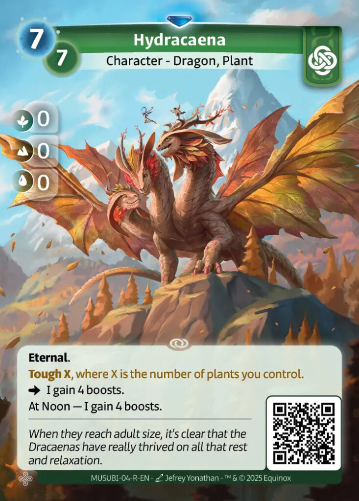 De alt art voor Hydracaena rare, met herfstkleuren in plaats van de gebruikelijke zomerversie. Als je goed genoeg kijkt zie je ook Saphire op de achtergrond. Een kaart uit Altered