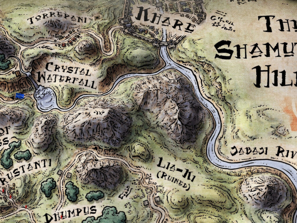 Een kaart van de Shamutanti Heuvels, een centrale locatie in Sorcery.