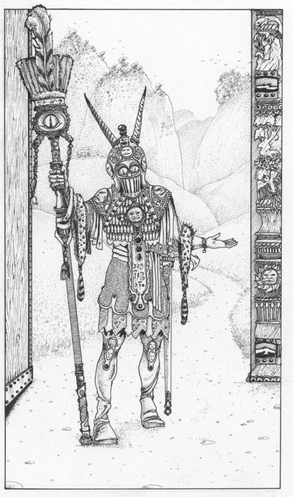 De poortwachter daagt je uit voor een duel voordat je de stad verlaat en op avontuur gaat. Een screenshot uit Sorcery.