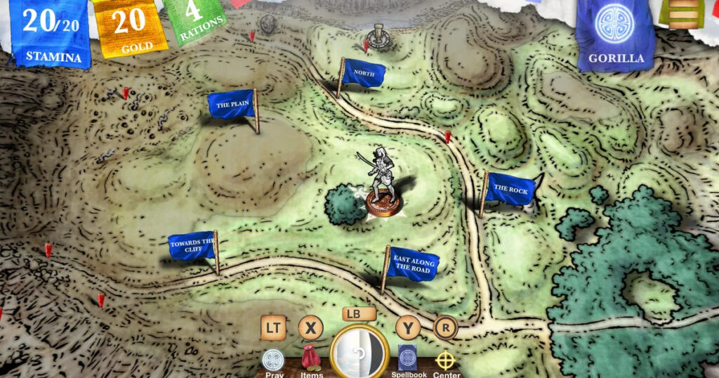 Een moeilijke keuze moet gemaakt worden, want de speler mag vijf richtingen op maar kan ze niet allemaal bezoeken. Een screenshot uit de digitale versie van Sorcery.