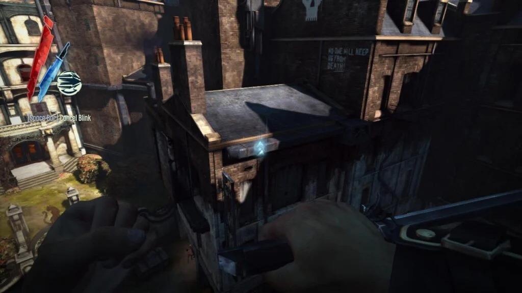 Corvo richt zijn blink-vaardigheid. Een screenshot uit Dishonored.