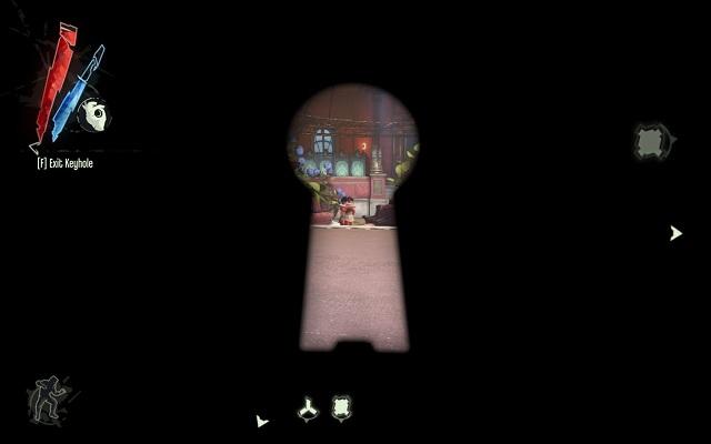 Corvo kijkt door een sleutelgat om onaangename verrassingen te voorkomen. Een screenshot uit Dishonored.