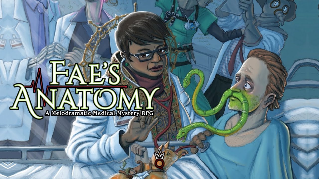 De banner van Fae's Anatomy voor de Kickstarterpagina. Een dokter behandelt een patiënt met een slangensnor.