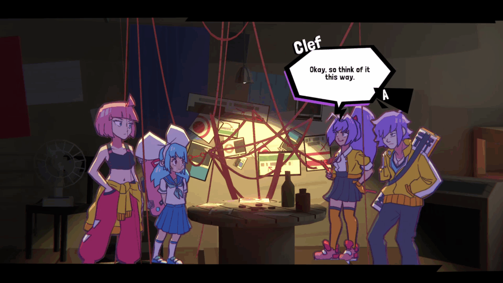 Beat, Quaver, Treble en Clef overleggen over hun volgende stap. Een screenshot uit UNBEATABLE.